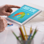 businessman working on tablet with credit score on a screen