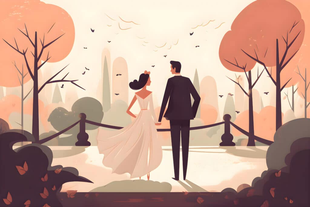 illustration of happy bride and groom in the park, looking to future
