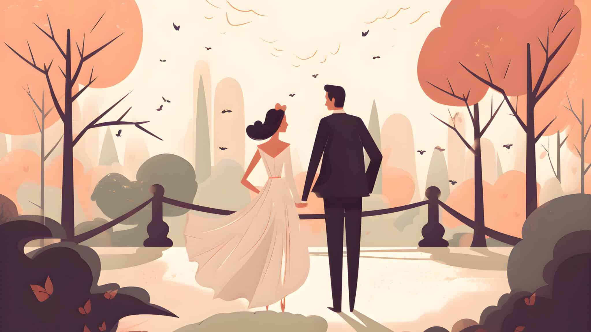 illustration of happy bride and groom in the park, looking to future