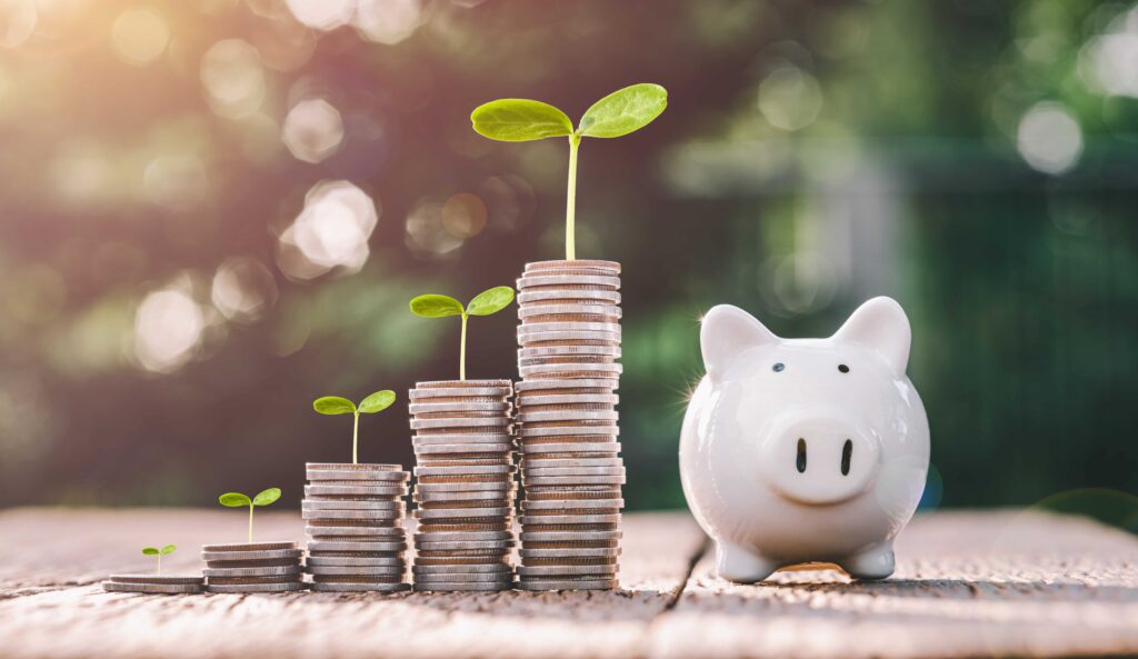 A piggy bank with coins stacked small to big next to it, with a new plant growing on the stacks