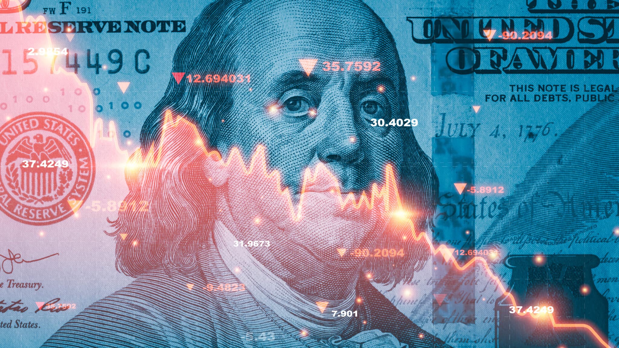 Hundred dollar bill with stock market chart overlay indicating downward trend