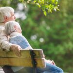 elderly couple resting on a bench in the park