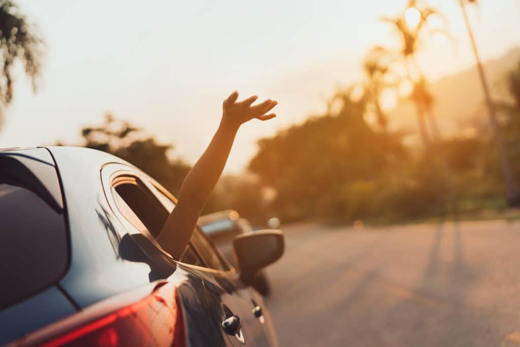 hand waving out window on a road trip