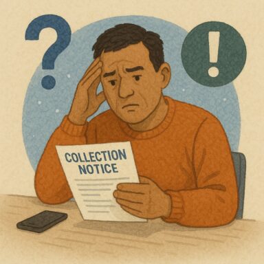 Man at table reading a collection notice with a confused expression, symbolizing stress and uncertainty about next steps.