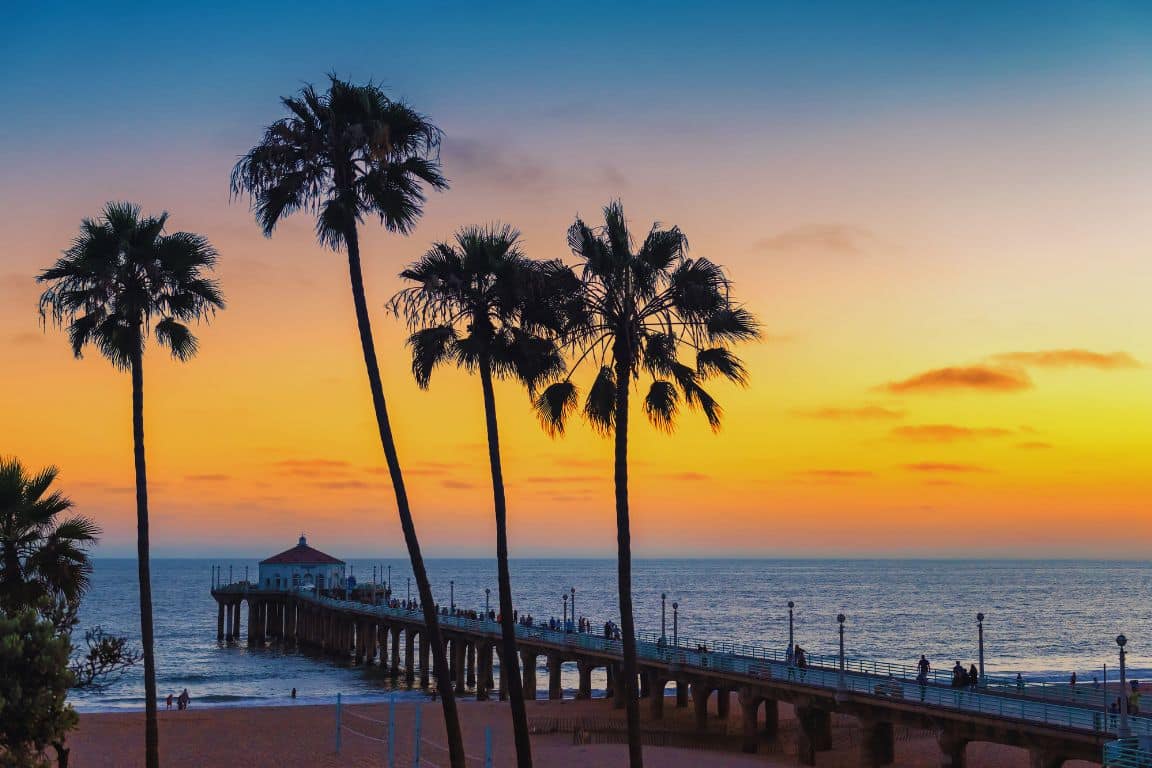 Palm trees and a pier along the California coast at sunset