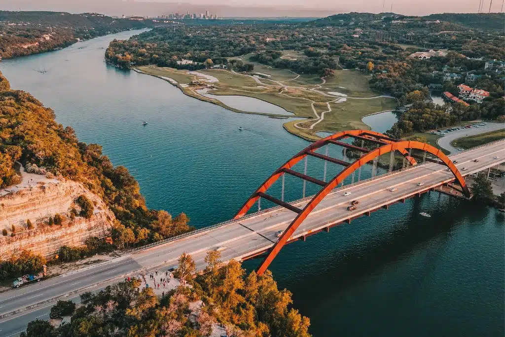 Scenic view of the Pennybacker Bridge in Austin, Texas at sunset