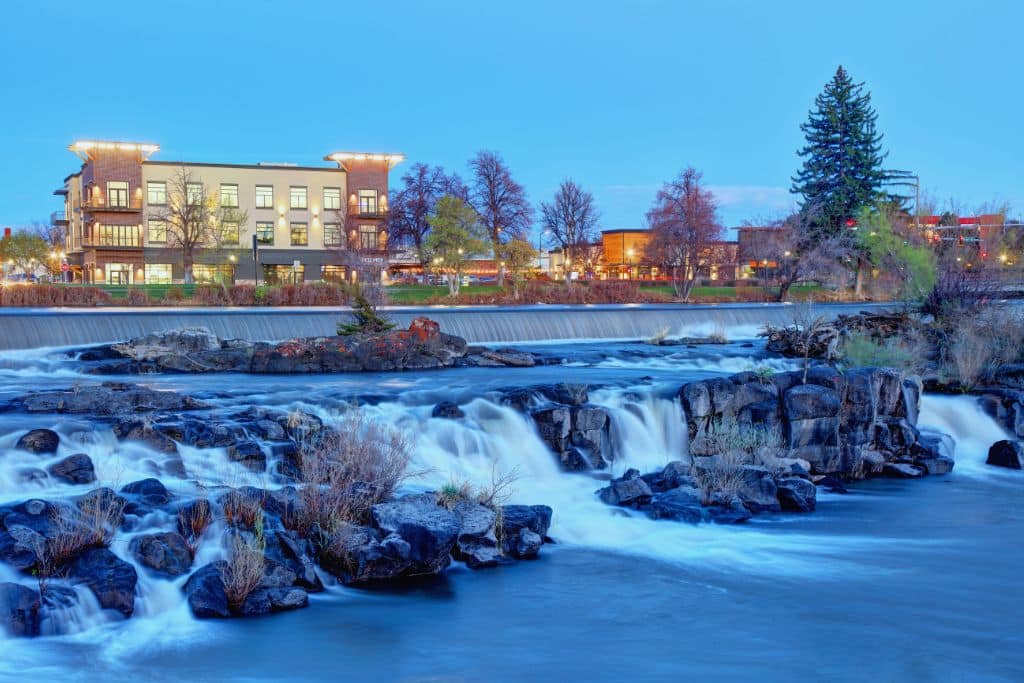 The Idaho Falls waterfalls along the Snake River in Idaho Falls, Idaho