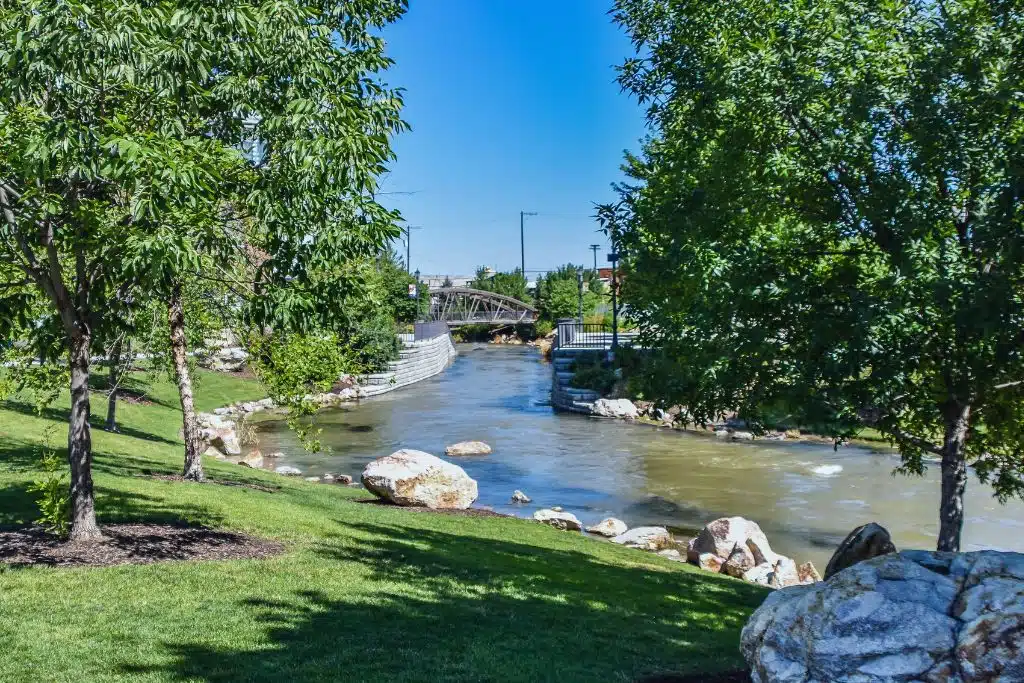 Scenic Indian Creek bridge in downtown Caldwell at dusk