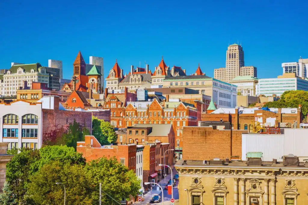 A daytime view of Albany’s downtown skyline featuring red-brick row buildings, ornate spires, and civic domes alongside modern structures, capturing the city’s blend of historic character and contemporary growth.