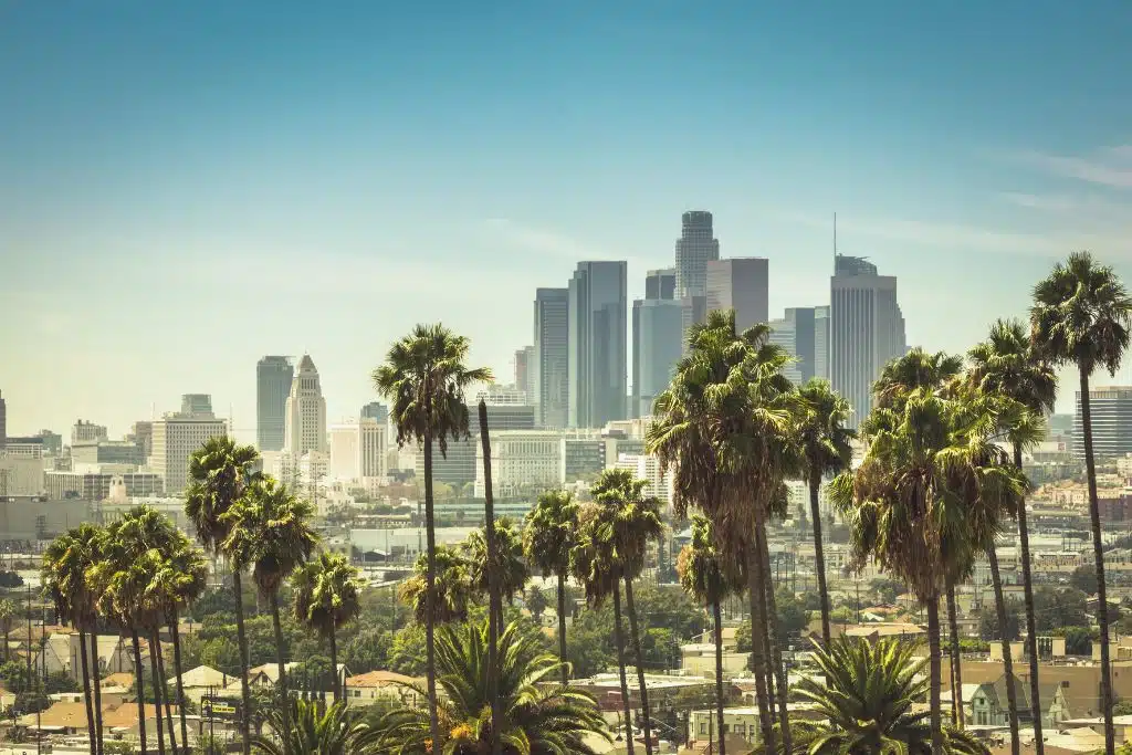 Downtown Los Angeles skyline framed by palm trees under a clear blue sky.
