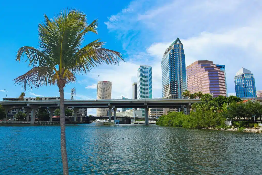 Tampa skyline at sunset with modern buildings, Bayshore Boulevard, and calm bay waters reflecting lights.