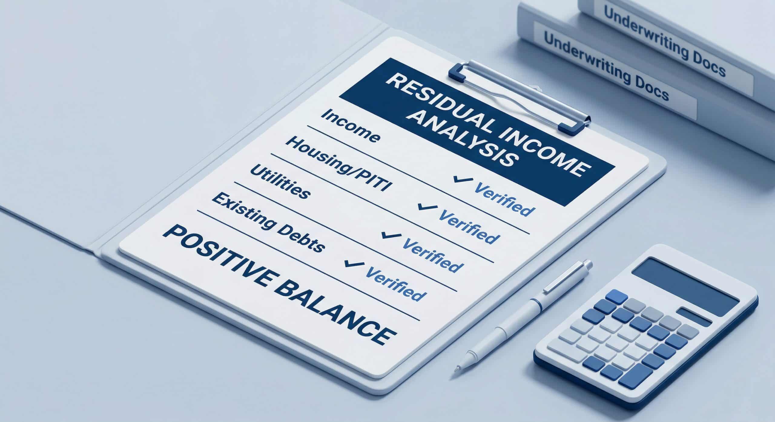 A 3D isometric illustration of a residual income analysis for a VA loan application, featuring a calculator and underwriting documents on a clean desk.