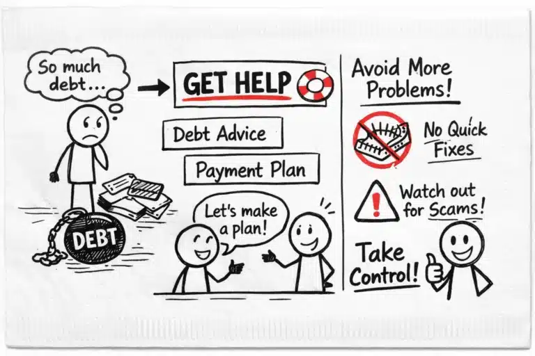 Illustration showing credit card debt help options and scam warnings