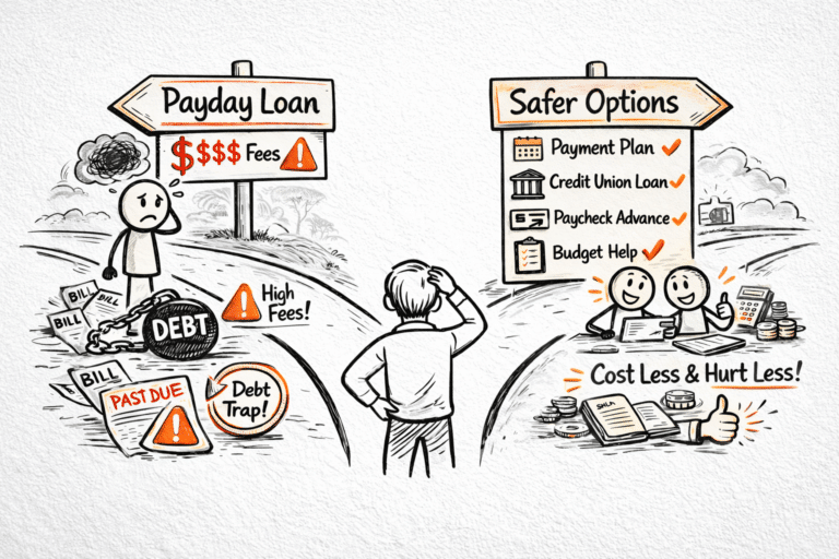 Illustration comparing payday loans with safer borrowing options like payment plans and credit union loans