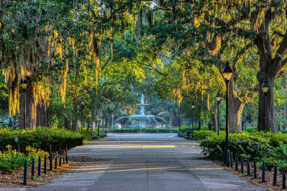 Forsyth Park fountain beneath live oaks in Savannah, Georgia
